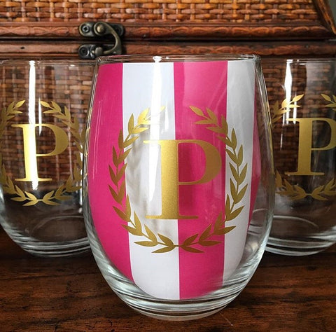 wine glasses with laurel monogram in block print